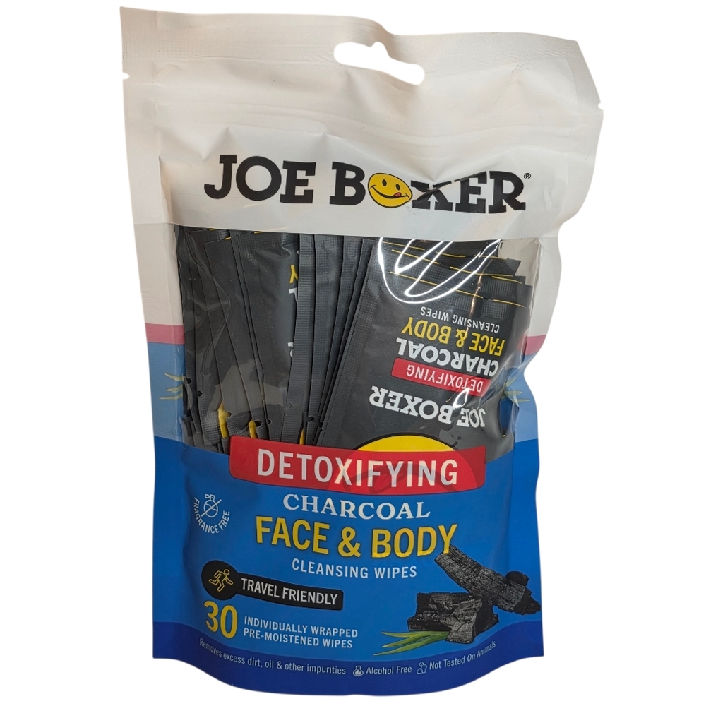 Joe Boxer Detoxifying Charcoal Face & Body Cleansing Wipes Travel Body Wash 30ct